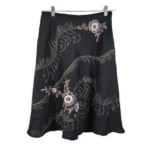 Anne Carson Skirt Black Beaded Sequin Floral A Line Linen Skirt‎ Size 8 EUC